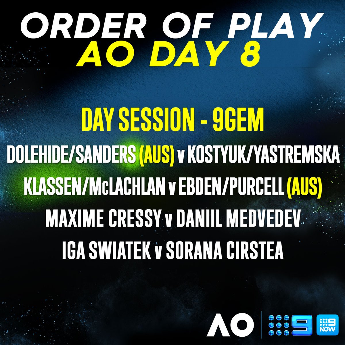 How will the crowd react to Medvedev today? 👀. Here are the matches we'll be broadcasting today. 👇 #AusOpen - Live on 9Gem and 9Now