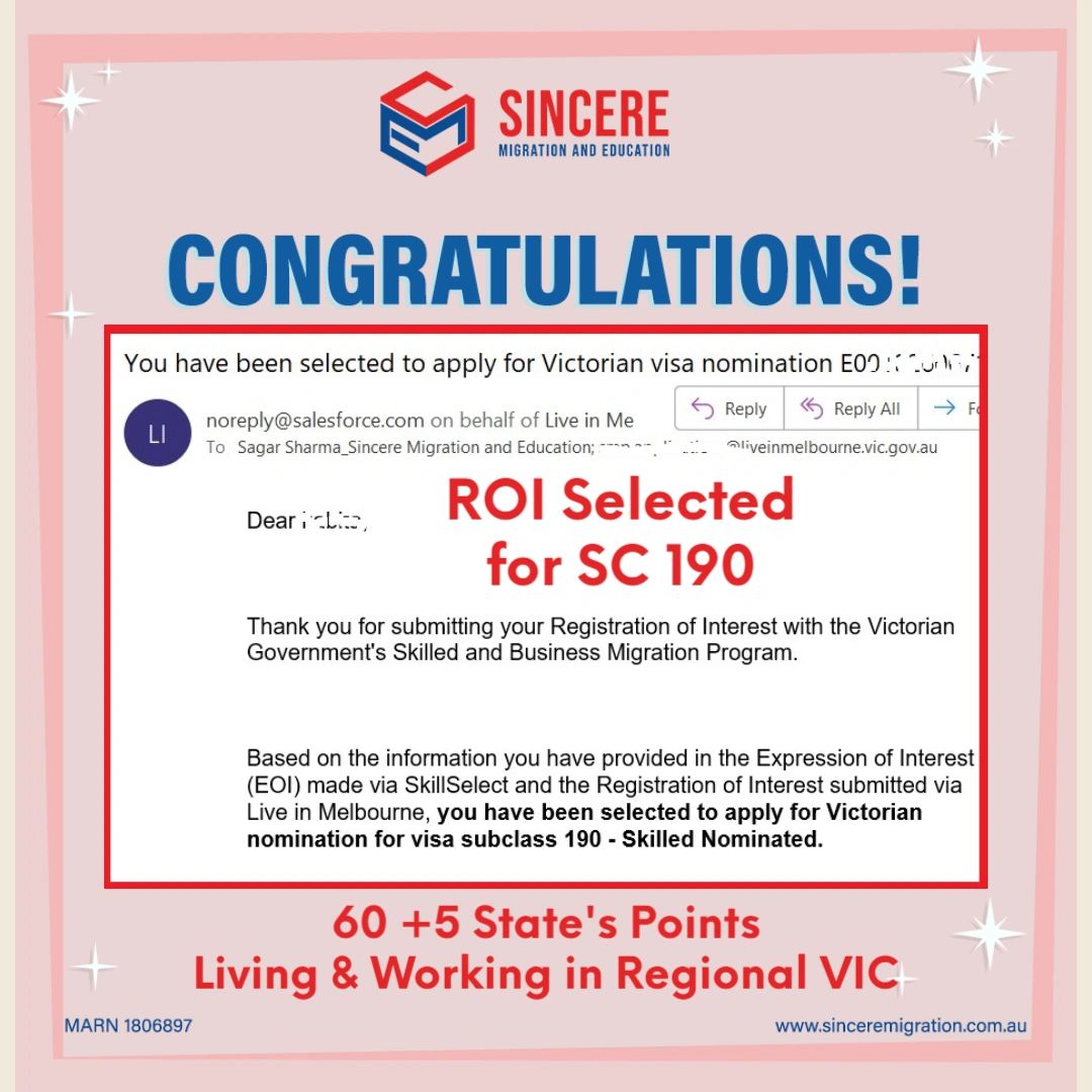 sincere_aus's tweet image. #SincereAchievement #65Points
We are happy to give good news to our client whose ROI for VICTORIA State Nomination (SC 190) has been selected to apply for a state nomination application.

Please get in touch with us immediately if you are looking for your migration plan.