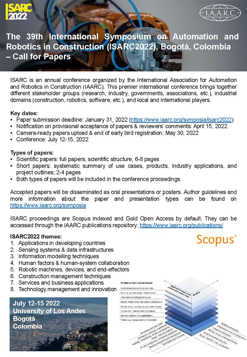 ISARC 2022 Paper submission deadline is approaching fast! Please submit your papers by Jan 31, 2022 through easychair.org/conferences/?c… 
Looking forward to seeing you all in Bogota, Colombia this summer!
<a href="/CyberBuild/">Cyberbuild La</a> <a href="/Kyq/">Kike Valero</a> <a href="/DanielHall_ethz/">Daniel M Hall</a> <a href="/brilakis1/">Ioannis Brilakis</a>
