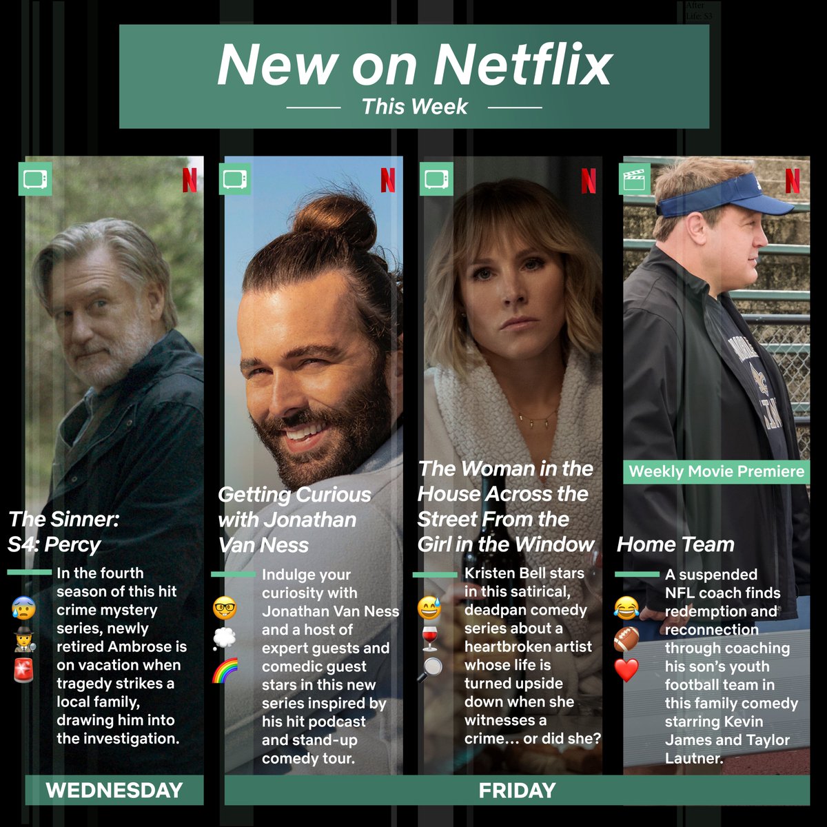 NetflixANZ's tweet photo. This week we're in for a treat! Learn something new with #GettingCuriousWithJonathanVanNess, become enamoured with #TheSinner S4's latest mystery, or find humour within satirical series #TheWomanInTheHouseAcrossTheStreetFromTheGirlInTheWindow and sports comedy #HomeTeam. https://t.co/Uq60h69vVh