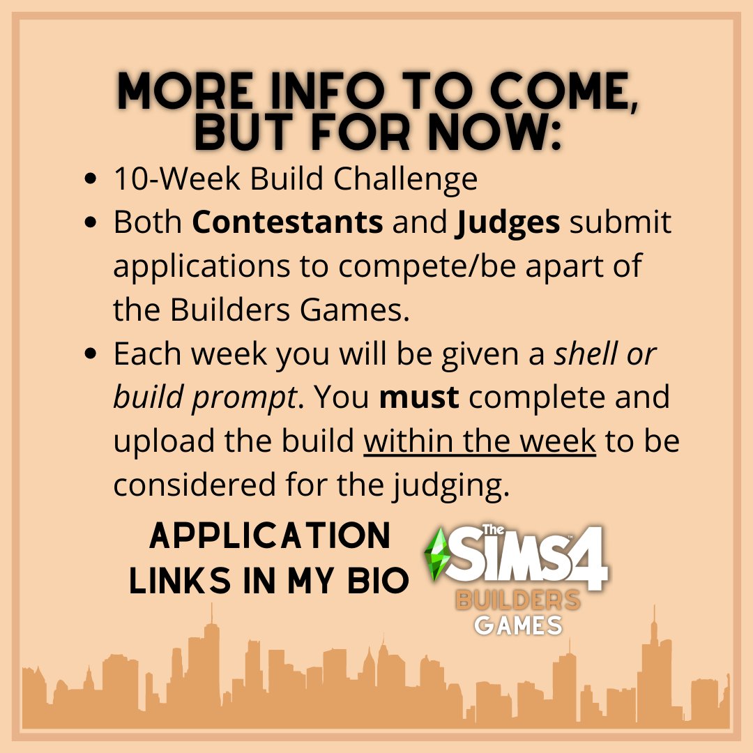 jubiesims's tweet photo. #TS4BuildersGames⚒️

✨Do you like building in #TheSims4? Well this might just be the challenge for you! 

- Compete in a weekly builders challenge 
- Be scored on by a panel of judges
- Use your token "Wild Card" to amp up the competition
- Have fun and #ShowUsYourBuilds! https://t.co/lw8JG3LACP