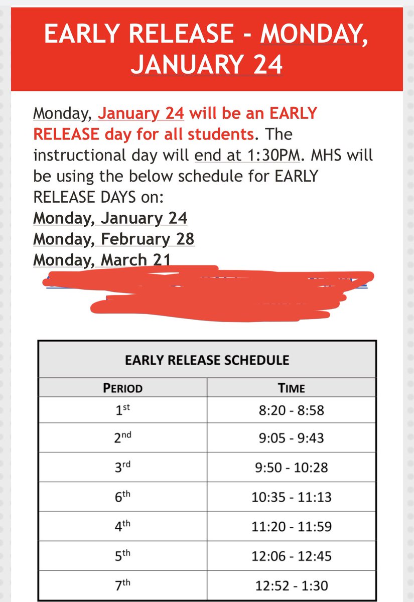 Early release day schedules. First one is tomorrow, Monday, January 24, 2022.
