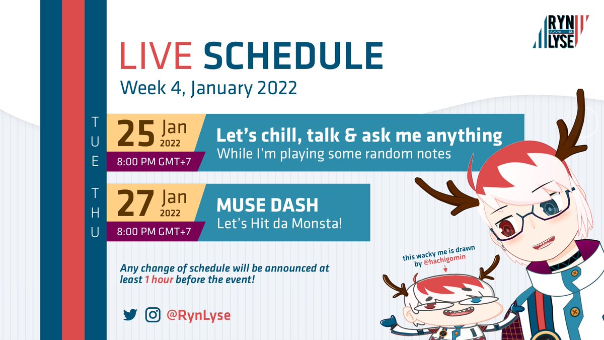 RynLyse's tweet photo. My schedule for this week~
See ya soon!

YT: https://t.co/BzI6NHr8Hr

RT is appreciated 🙏❤️
----------------------------------------------------------------
General: #RynLyse
Live &amp; Clips: #RynLive
Fanart: #RynLine
Memes: #RynLMAO
Fan Name: #RynDear https://t.co/7Dfdx0liq2