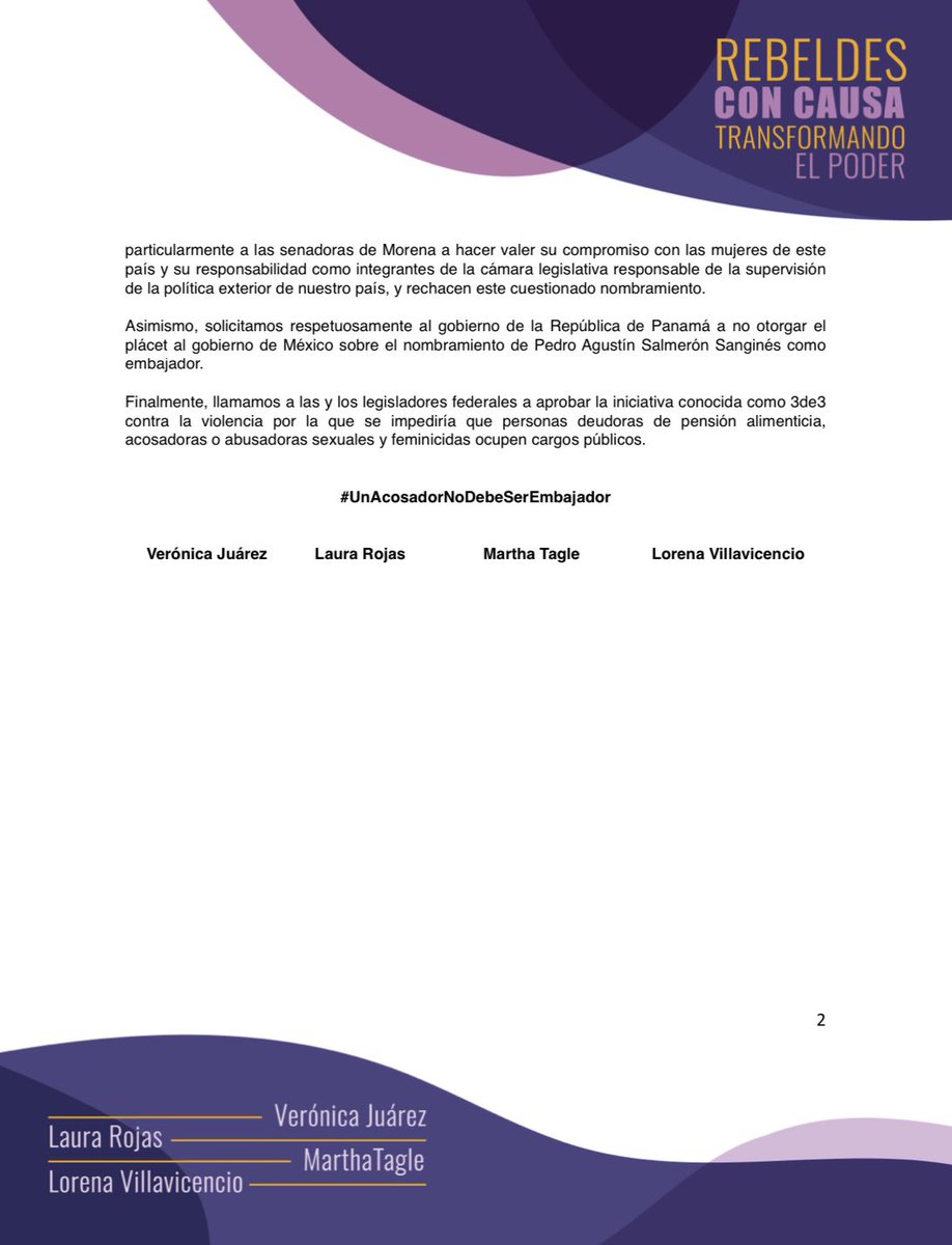 Quienes conformamos <a href="/RebeldesCausaMx/">Rebeldes Con Causa</a> creemos en las víctimas de acoso sexual por parte de Pedro Salmerón, nos solidarizamos con ellas y nos sumamos a las voces que exigen que #UnAcosadorNoDebeSerEmbajador.
No solo es señalado por acoso sino tiene nula experiencia para el cargo.
