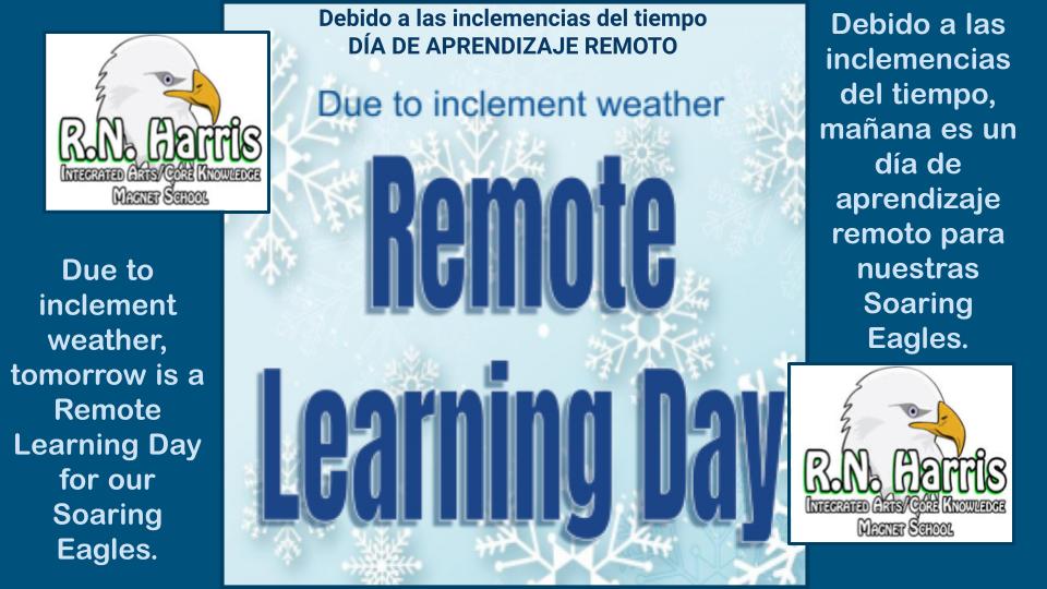 Buenas noches Familias de <a href="/RNHarrisElem/">R. N. Harris</a>,
Mañana es un día de aprendizaje remoto para nuestros estudiantes. Esté atento a la información de acceso del maestro de su hijo. Consulte nuestra transmisión de Class Dojo para obtener más información. ¡Gracias!