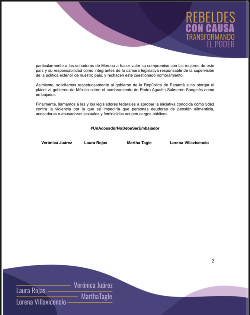 .<a href="/RebeldesCausaMx/">Rebeldes Con Causa</a> nos sumamos a la exigencia: Un acosador no debe ser embajador.
<a href="/Laura_Rojas_/">Laura_Rojas_</a> <a href="/MarthaTagle/">Martha Tagle</a> <a href="/SLVillavicencio/">Lorena Villavicencio</a> <a href="/juarezvero/">Vero Juarez</a>