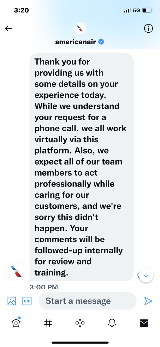 Mr. Scheinbach (@mrscheinbach) on Twitter photo I don’t take this as an acceptable response via DM. The customer service is terrible for a former loyal traveler or your airline. Just lip service as expected. I won’t be flying <a href="/AmericanAir/">americanair</a> or investing in your co. going forward. #airlines #CustomerService #AmericanAirlines I don’t take this as an acceptable response via DM. The customer service is terrible for a former loyal traveler or your airline. Just lip service as expected. I won’t be flying <a href="/AmericanAir/">americanair</a> or investing in your co. going forward. #airlines #CustomerService #AmericanAirlines