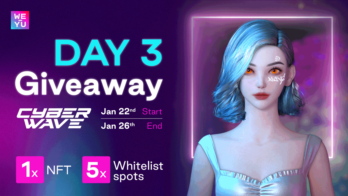 weyuofficial's tweet photo. Day 2 is now over!🚨

Day 3 of the CyberWave #Giveaway is now Live! 🤩

👉1 NFT + 5 #Whitelist spots to be given away #DAILY

Follow the steps in the form #LINK  below for your chance to #win 

https://t.co/UuoKorDYSA

https://t.co/Enw234Lwaf

@weyuofficial @CyberWaveNFT https://t.co/mAK9w8xkT0
