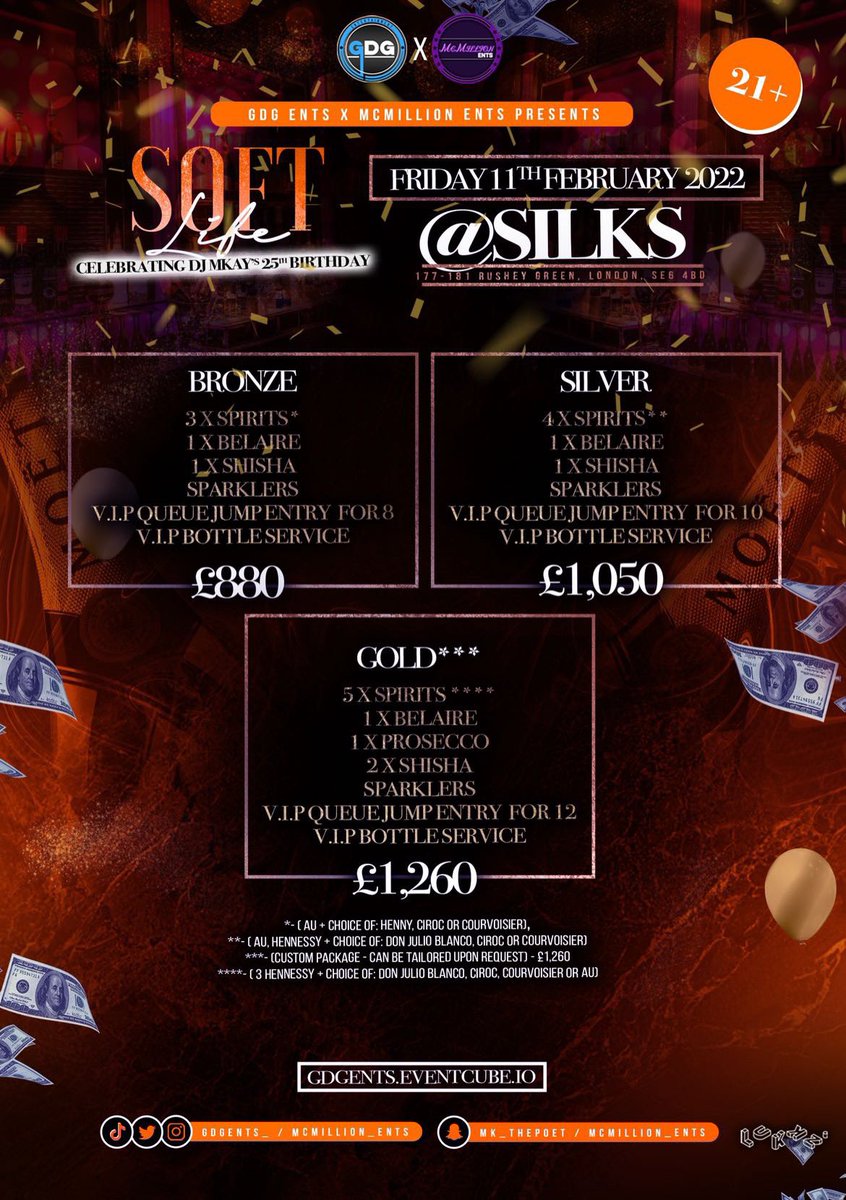 mcmillion_ents's tweet photo. @mcmillion_ents x @GDGEnts_ Presents - Soft Life 🔥(Celebrating @DjMkay_ 25th Birthday)
 
Our most anticipated event!🎇

Taking place at Silks  177-181 Rushey Grn, London SE6 4BD
📍 10pm - 4am ⏰

Limited tickets left! (link in bio)🎟 https://t.co/Jlg6Qe0sv5