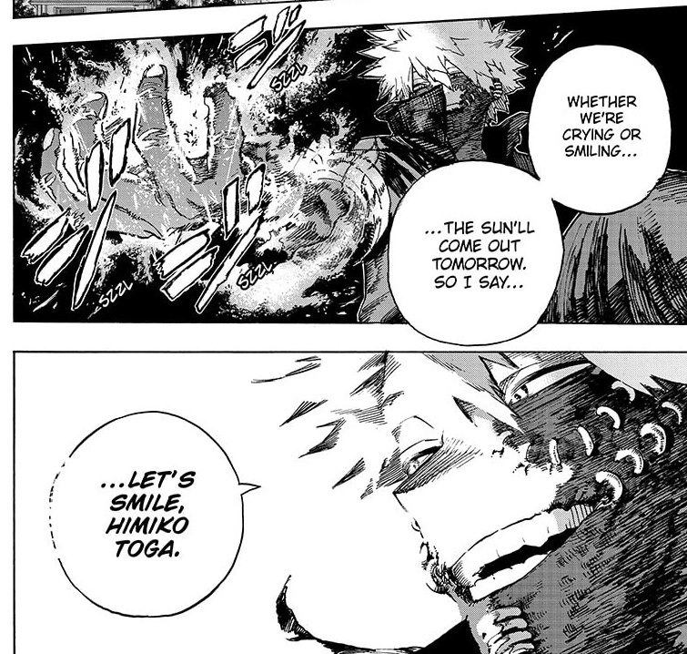 Thank you Horikoshi for stopping the whole "Toga is turning nice" train and adding more resolution to her helping the villains. After the Jump Festa panel it kinda felt like Ochako already won (i bet she will but let me speculate...) 
