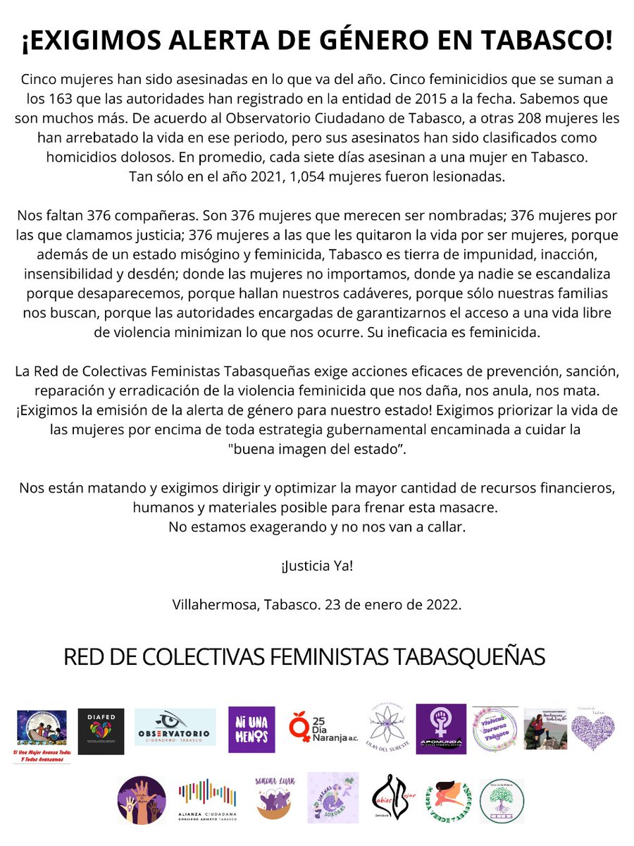 MareaVTabasco's tweet photo. La Red de Colectivas Feministas Tabasqueñas clama justicia por las mujeres asesinadas y exige la alerta de género para Tabasco. No nos van a callar. #LaRedNoSeCalla #TabascoFeminicida #AlertaYa https://t.co/RceFhA7qGo