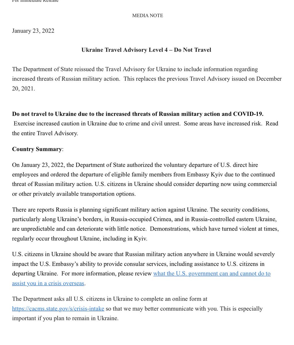 BREAKING: The U.S State department orders diplomats' families, non-essential staffers to leave Ukraine.