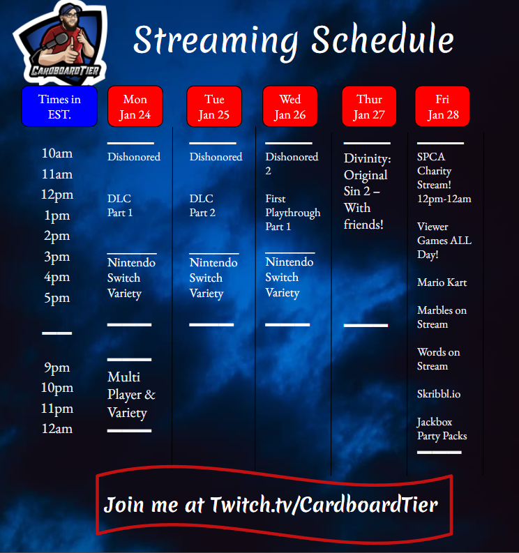 📦THIS WEEKS SCHED📦

Really excited for the fun week ahead!! 

Probably playing some Donkey Kong or Restro NES/SNES games for the #Nintendo Switch variety! #Twitch #TwitchStreamers #Livestreams #stream #streamer