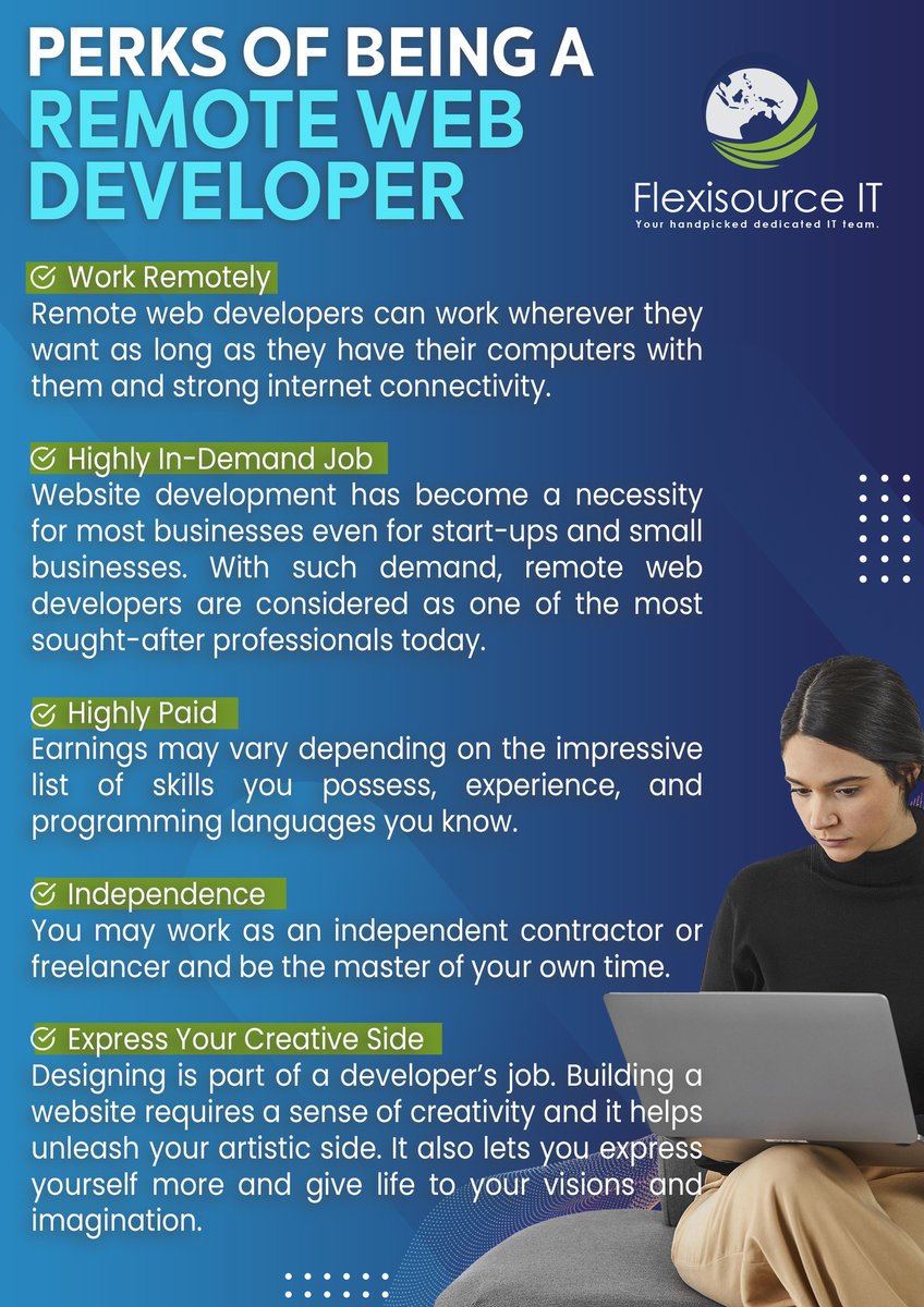 FlexisourceIT's tweet photo. Becoming a remote web developer is never an easy process. It takes time to acquire the needed skills and experience. 

Read here some perks of being a remote web developer.

#flexisourceIT #weareflexisourceIT #flexisourcing #remotewebdeveloper #webdeveloper #webdevelopers https://t.co/L0ZU603XzB