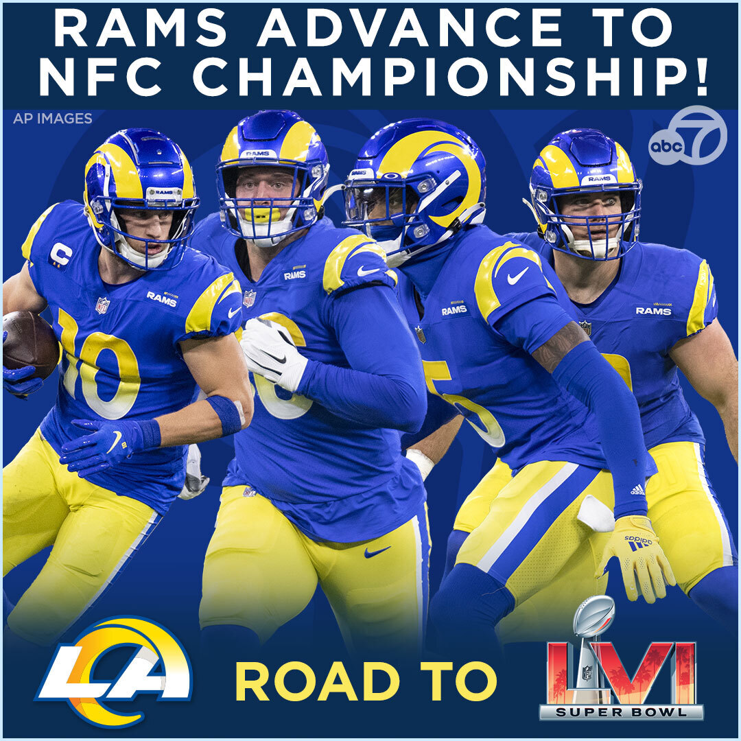 ABC7's tweet photo. ONE STEP CLOSER: The @RamsNFL are advancing to the #NFC Championship Game with their win against the Tampa Bay @Buccaneers. Next stop? Playing right here at home against the @49ers. #LArams https://t.co/IqX0aamPWu https://t.co/WXdAqhYfp3