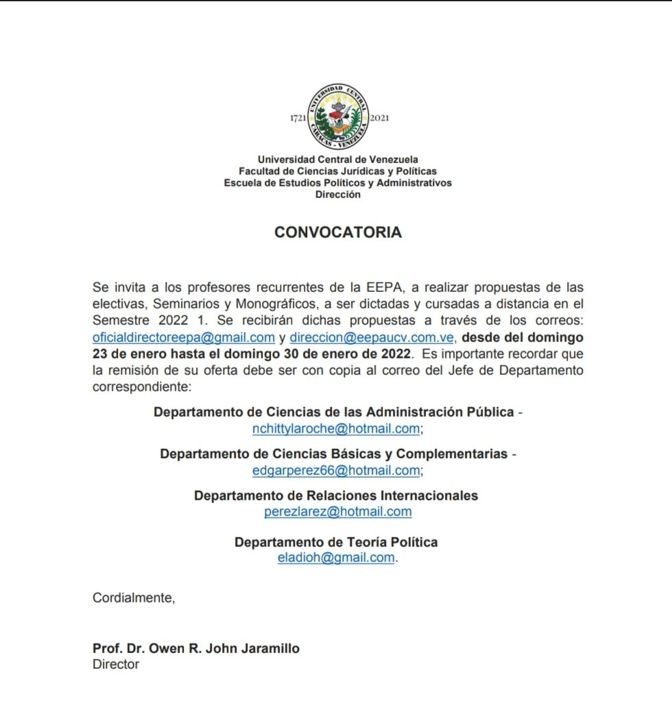 CONVOCATORIA 
Se invita a los profesores recurrentes de la EEPA, a realizar propuestas de las electivas, Seminarios y Monográficos, a ser dictadas y cursadas a distancia en el Semestre 2022-1.
Prof. Dr. Owen R. John Jaramillo 
Director

instagram.com/ucveepa/p/CZFF…