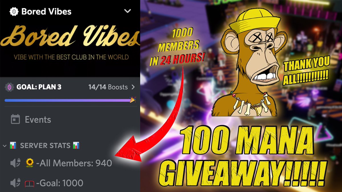 MetaCoast's tweet photo. @bored_vibes 1000 discord members in one night 🌊🚀🦧

100 MANA #GIVEAWAY 💰 TO ONE LUCKY SUPPORTER! (24 Hours)

1️⃣Must be a member 👉🏼 https://t.co/IKUE6oDZ99

2️⃣Must follow @MetaCoast @bored_vibes @NftMyCrypto 

3️⃣Like,  Quote Retweet why you should win 🥇 tag 3 Friends + addy https://t.co/4tleUf4mDL
