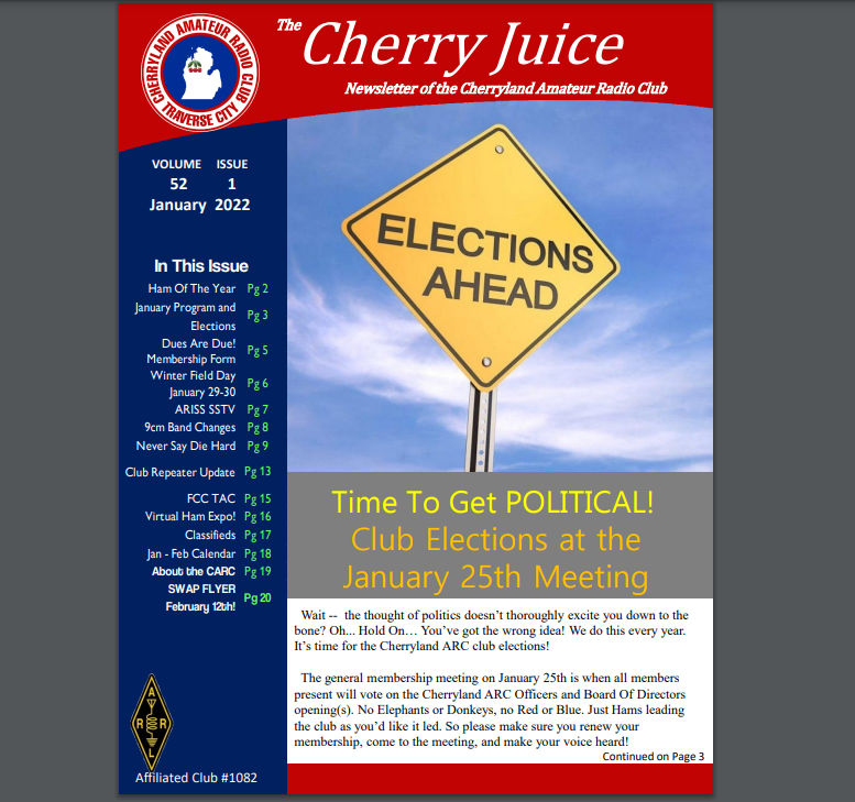 CherrylandARC's tweet photo. Cherry Juice Newsletter for January 2022 is Published - https://t.co/uLdKgLXCD0 - Inside this issue: January Club Meeting (25th) Program and Elections, February 12th Swap-n-Shop, 2021 Ham of the Year, FCC News, Winter Field Day, Virtual Ham Expo, Classifieds, Calendar,  and more! https://t.co/ysZ9fy7cXN
