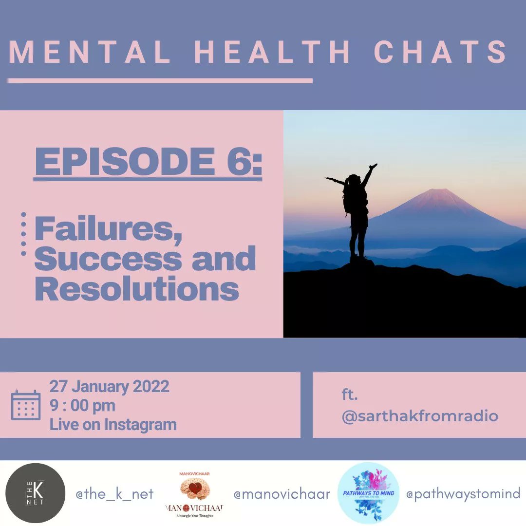 manovichaar_'s tweet photo. Once Again We are back with the sixth episode of "Mental Health Chats" With @ishqsarthak  on "Failures, Success &amp; Resolutions" On Wednesday 9pm on Instagram! Do Join! 
Stay Tuned! 

#Mentalhealth  #MentalHealthMatters #mentalillness 

@fortis_mhbs @dr_samirparikh https://t.co/pbzxlQ1Mcu