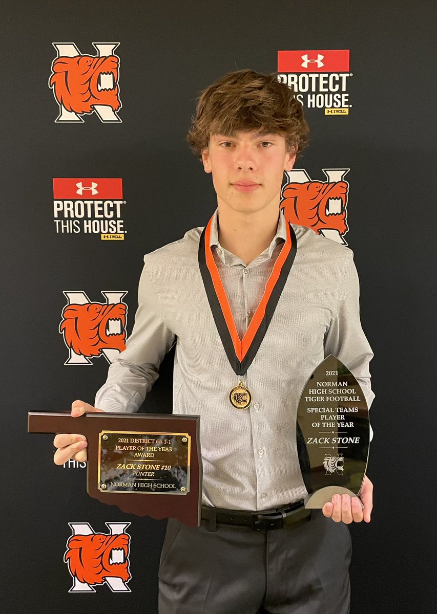 zackRstone's tweet photo. Honored to receive these awards tonight at the Norman High School Football Banquet as the 6A District Player of the Year-Punter and Special Teams Player of the Year for Norman High School Tiger Football. I had a great season with with my boys! https://t.co/SH9FYlSj3Z