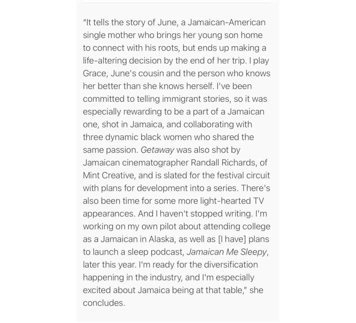 Super excited that our cast member @thesweetbacon and film were featured in <a href="/JamaicaObserver/">Jamaica Observer</a> #JamaicanFilm #JamaicanActress #SupportIndieFilm #GetawayTheShortFilm #GetawayTheShort #ShortFilm
