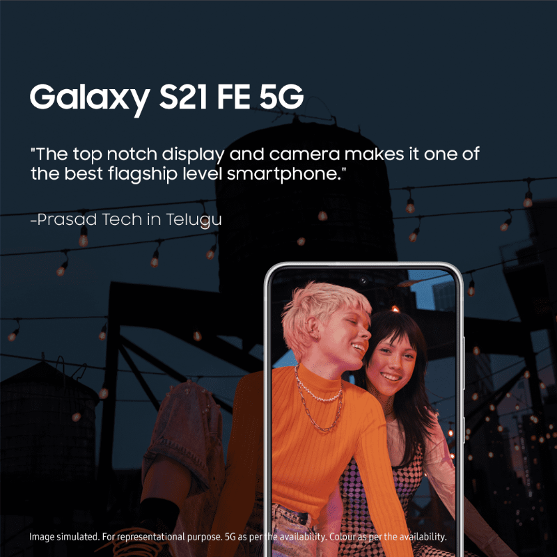 SamsungIndia's tweet photo. Swipe to see what some of the big names of the tech industry have to say about the new #GalaxyS21FE 5G - the flagship smart phone designed for fans of epic. Own now at  ₹ 49999. https://t.co/LqcHNQZ09y. #Samsung
