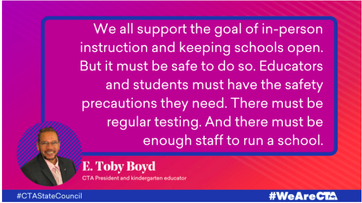 RoriSamantha's tweet photo. #OnlyWhenItsSafe: “We all support the goal of in-person instruction and keeping schools open. But it must be safe to do so. Educators and students must have the safety precautions they need. There must be regular testing. And there must be enough staff to run a school.”@WeAreCTA https://t.co/TeFLh4nsqe
