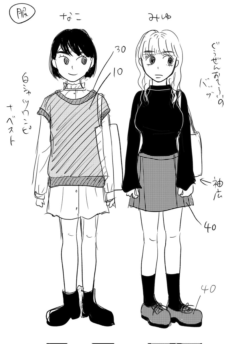 「友だち〜」、一話を描く前に先にキャラのその回の服装を決めてメモ描きします。こないだの更新分はこんな感じでした〜 