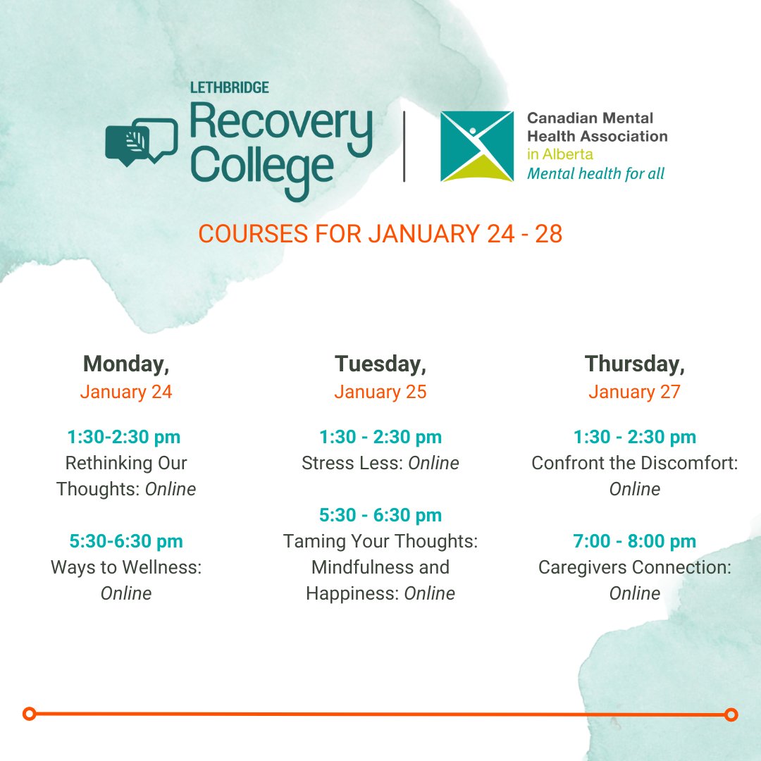 Hi there! 👋 Check out this week's #recoverycollegelethbridge courses! Sign up anytime by going to the calendar on our website (link in bio)!

#mentalhealth #lethbridge #yql