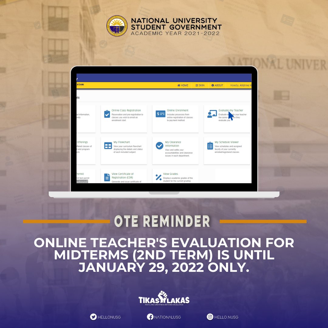 HelloNUCSG's tweet photo. Heads up, Nationalians!
All students are required to do the Faculty Evaluation (2nd Term AY 2021-2022 Midterms) thru Online Teacher's Evaluation (OTE) until January 29, 2022 only.
See more at https://t.co/r8wlxe7rYG
#NUSGUpdates
#TikasLakas https://t.co/8GJClyDhug