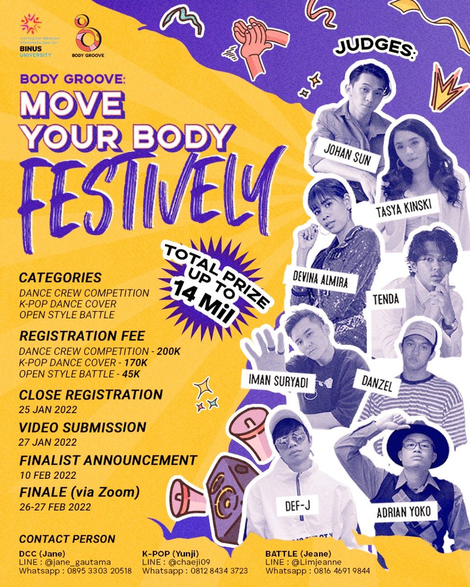 STAMANARA PROUDLY PRESENTS
" BODY GROOVE 2021 : Move Your Body Festively 🌈✨"

Body Groove goes ONLINE ❤️‍🔥

[Dance Crew Competition, K-Pop Dance Cover Competition, Open Style Battle]

Find out more on our Instagram 👉 instagram.com/body.groove