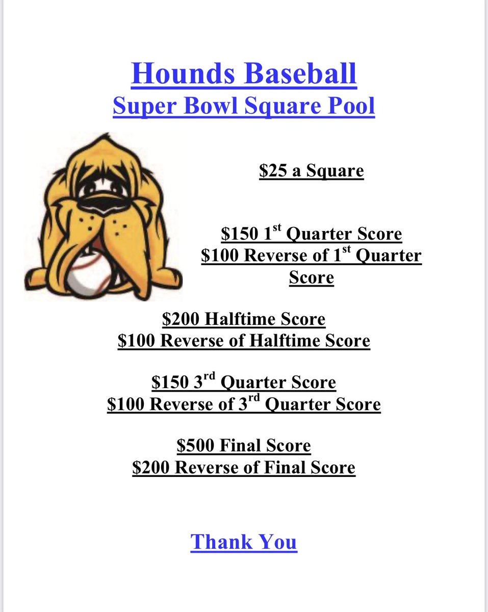 To continue with future success on @houndsplayball development please contact @jkmzi or @OsborneHounds for your Super Bowl Squares. @ChrisVaculik @stevegrein @JSchallmoser @BenCaple1 @HoundsAnderson @CoachSebastian6 Please retweet and share with your respective age group/teams.