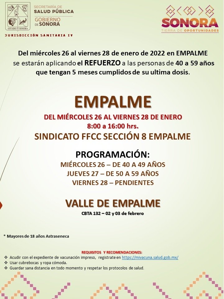Chepestrada1's tweet photo. Del Lunes 24 al viernes 28 de enero de 2022 se estarán aplicando las dosis de REFUERZO a las personas de 40 a 59 años que se hayan aplicado su última dosis hace 5 meses cumplidos en #Guaymas y #Empalme #SaludSonora @AlfonsoDurazo @jalomiaz @ssaludsonora https://t.co/Jjdam5c14t