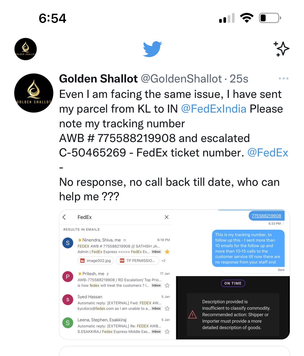 GoldenShallot's tweet photo. @FedExIndia @FedExHelp I am chasing my case for past one month, and really fed up on @FedExIndia service. please find the below reference of all my follow up details. Please note my tracking number AWB # 775588219908 and escalated C-50465269 - FedEx ticket number. https://t.co/PPtaslZsbA