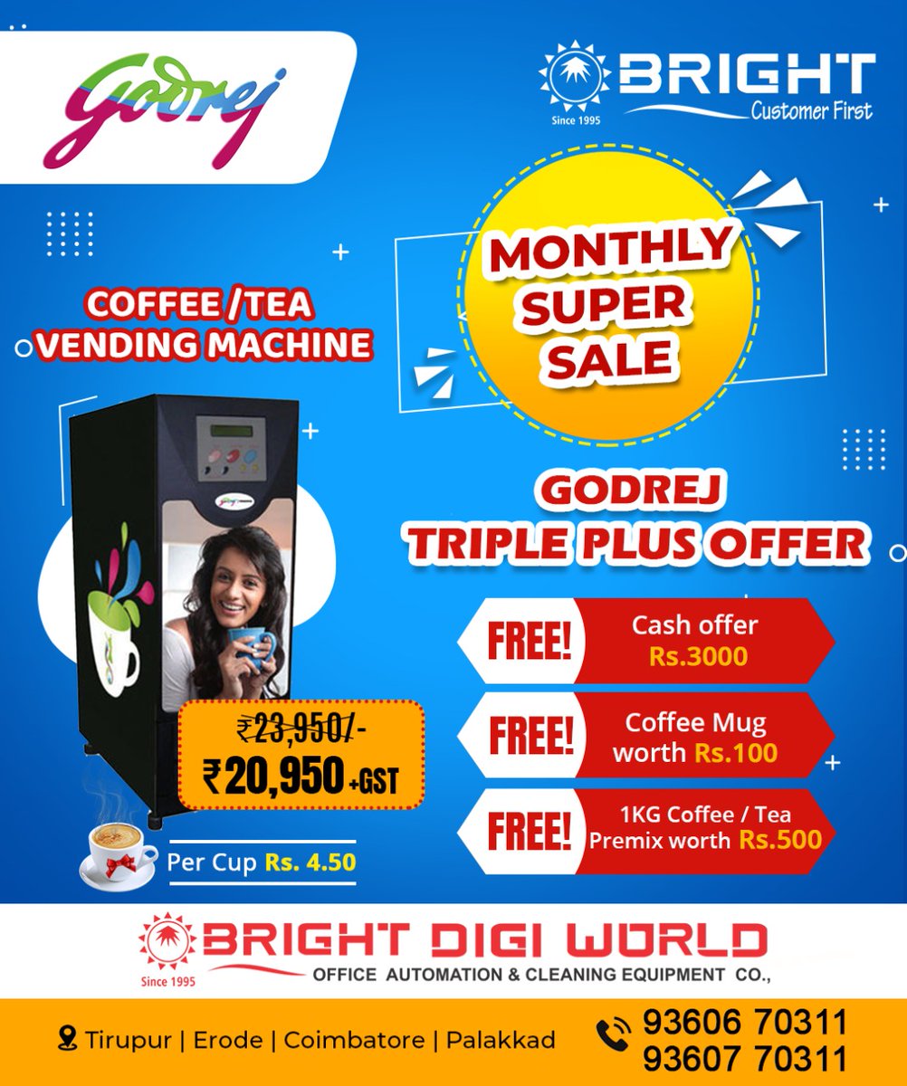 brightdigiworld's tweet photo. BRIGHT Monthly Super Saver Offer. Buy Godrej coffee/Tea vending machines from BRIGHT at Just  Rs.20950 + GST Only. Limited Stock -Hurry Call us Now 9360670311, 9360770311. #coffeevendingmachine #teavendingmachine #coffeemachine #godrejcoffeemachine #teamachine #premixteamachine https://t.co/jaWD1tbhLT