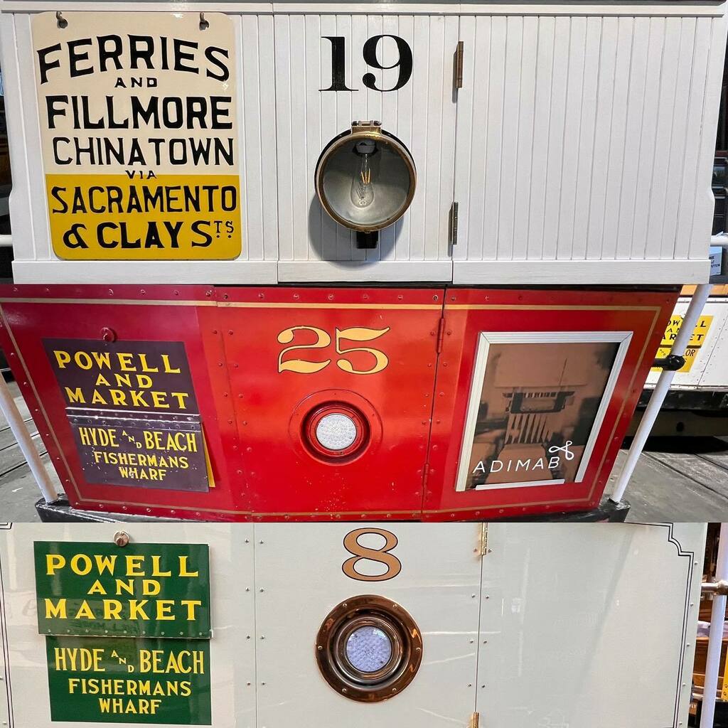 talesoftherails's tweet photo. A colorful history of @sfmta_muni @sf_cablecar dash signs. I love the green and yellow on car 8. Can’t WAIT to see the car out! #sanfrancisco #sfcablecar @munidiaries @sfmsr #capturetransit https://t.co/u97P4Il14g https://t.co/QLK8TDDYPG