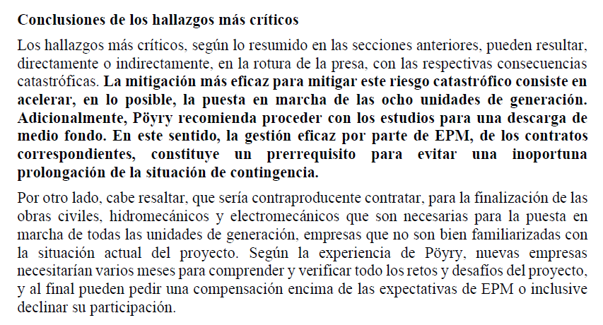 sortegarango's tweet photo. El informe #Poyry es muy claro en su mensaje: Lo más importante para mitigar los riesgos de #Hidroituango es terminar el proyecto lo más rápido posible.
Es explícito en decir que buscar contratistas nuevos, como pretende @QuinteroCalle, prolonga la situación de riesgo: https://t.co/knlzyy6g4e