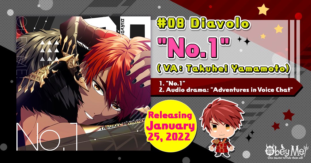 ObeyMeOfficial1's tweet photo. Out February 25!

Obey Me! Character Song Project Vol. 3
#08 Diavolo — "No. 1" (VA: Takuhei Yamamoto) 

1. "No. 1"
2. Audio drama: "Adventures in Voice Chat" https://t.co/DWOBYIFH2E