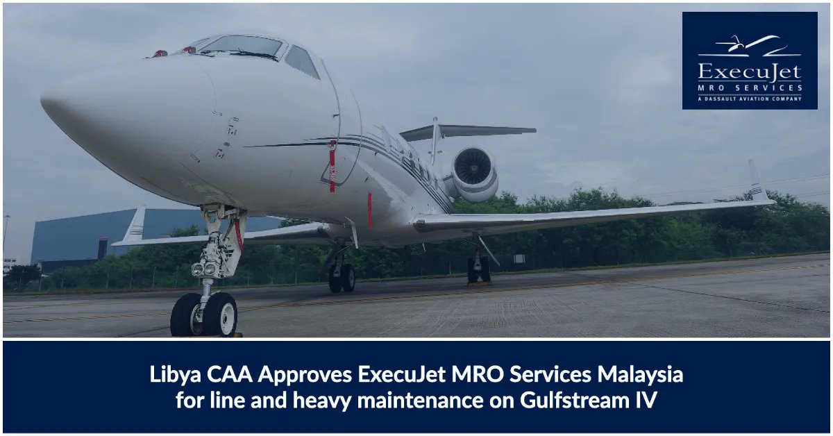 ExecujetMro's tweet photo. The Civil Aviation Authority of Libya has approved our Malaysian facility to do line and heavy maintenance on Gulfstream IV business jets. A privately-owned charter airline, will be the first customer from Libya to send a Gulfstream to Malaysia for maintenance. #execujetmro #mro https://t.co/KeUkyZ2eiN