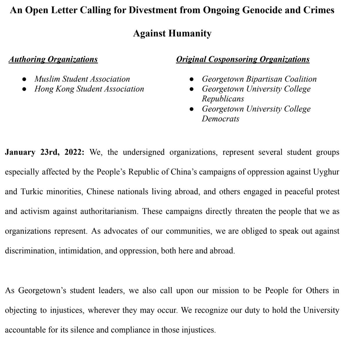 athenaiinst's tweet photo. BREAKING: Working with @athenaiinst and inspired by the example set at @CatholicUniv, student groups at @Georgetown have released an open letter calling for the university to divest from entities tied to the genocide of Uyghurs. #Divestment #EndUyghurGenocide https://t.co/cJbcONjFmm