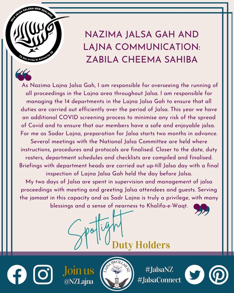 NzLajna's tweet photo. Our #JalsaNZ would not be possible without the sacrifices of our wonderful Jalsa Duty Holders.
interviews of:
-Nazima Jalsa Gah
-Naib Nazima Jalsa Gah
-Nazima Registration
-Nazima Jalsa Review
#JalsaNZ #KeepJalsaVibeGoing https://t.co/aHRItuccrs