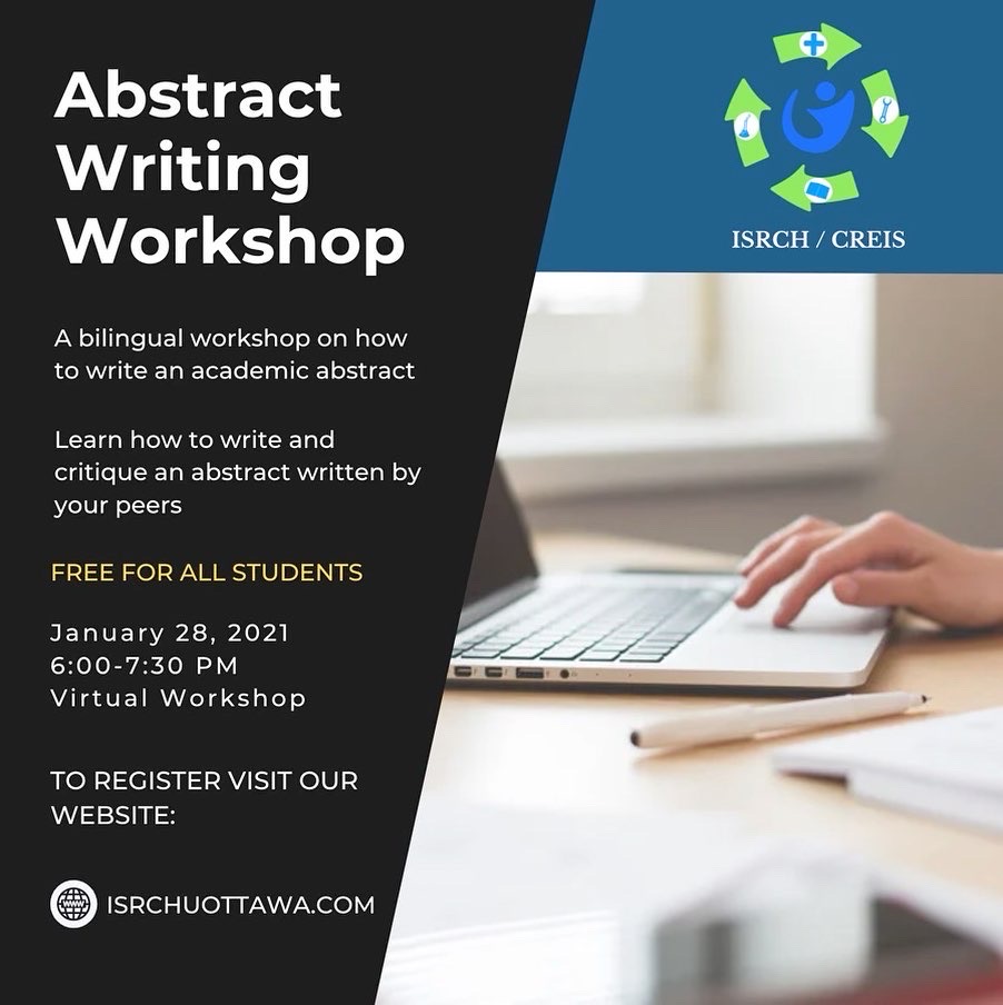 ISRCH_CREIS's tweet photo. ISRCH/ CREIS will be hosting a virtual workshop on how to write an academic abstract on Friday, January 28 from 6:00- 7:30 PM. Visit our website to get your tickets now! https://t.co/LFVcu4gOKv