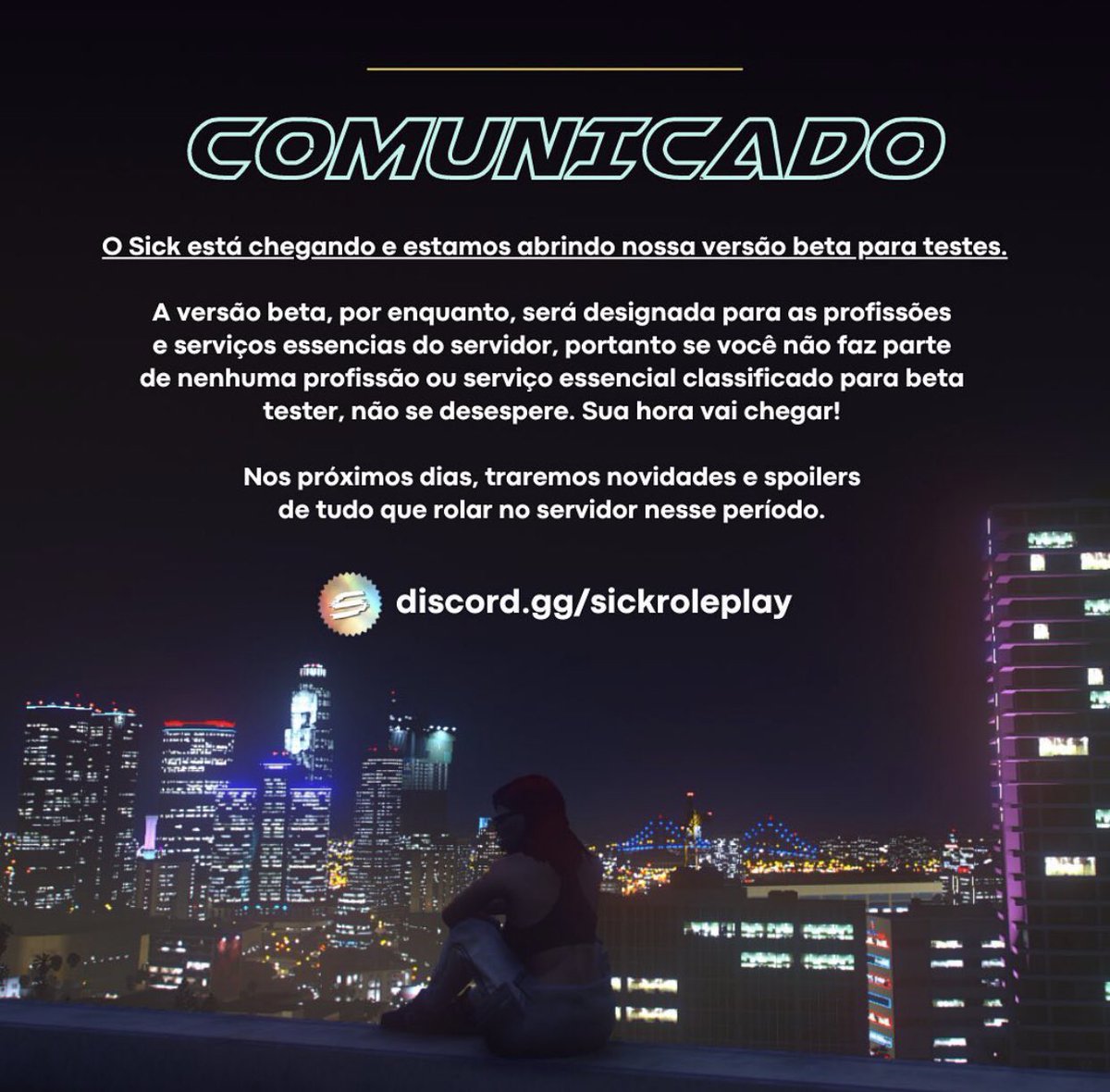 SickRoleplay's tweet photo. O Sick está chegando! ✨Fiquem ligados para mais novidades.

Lembrando que não nos responsabilizamos por qualquer notícia ou conteúdo disseminados fora dos canais oficiais do Sick Roleplay. Nossa comunicação é feita através do nosso Discord e nossas redes sociais. https://t.co/bQY0Gm2f5S