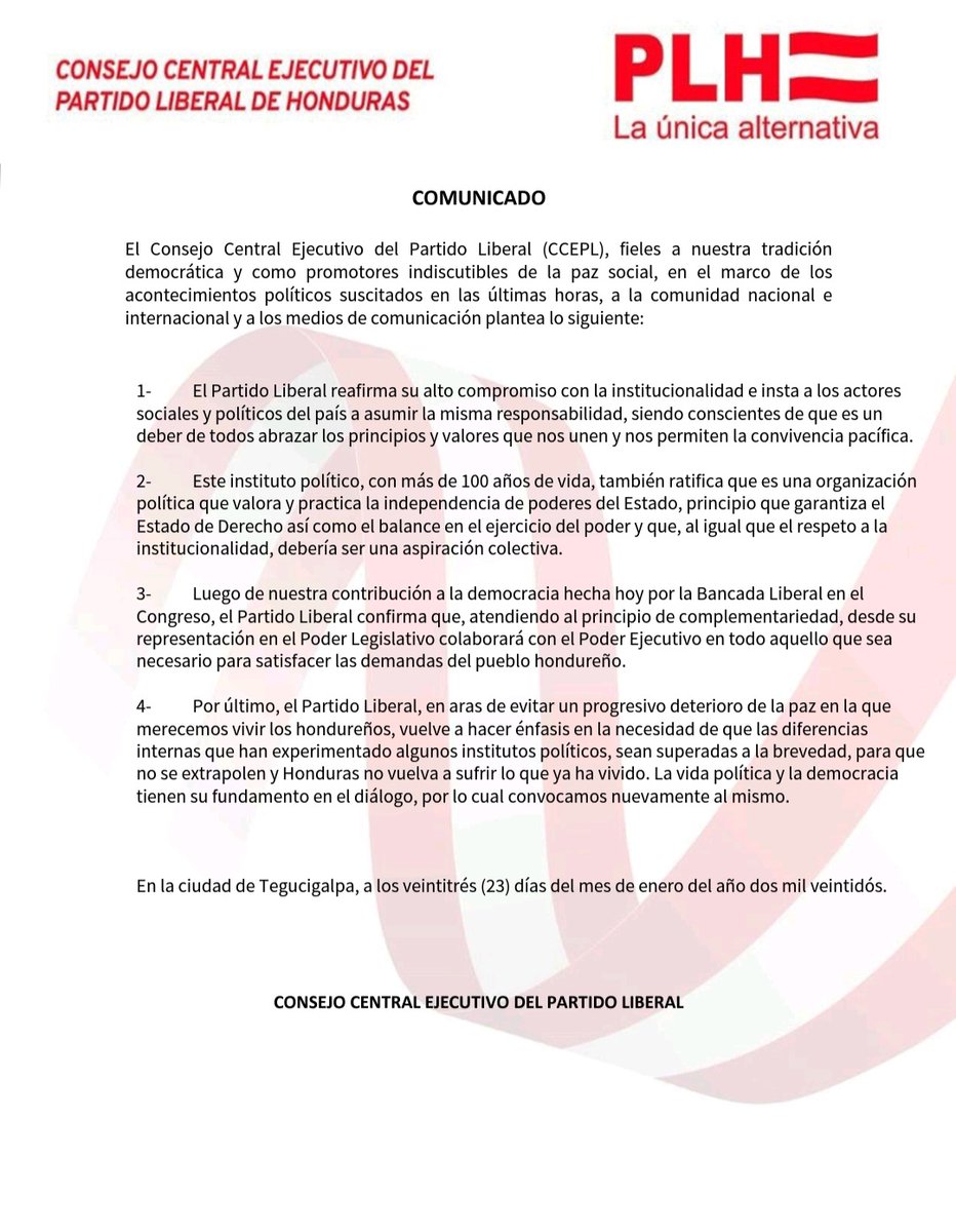 PLHonduras's tweet photo. Ante los últimos acontecimientos políticos el Partido Liberal presenta el siguiente comunicado https://t.co/4gY6Jui7l7