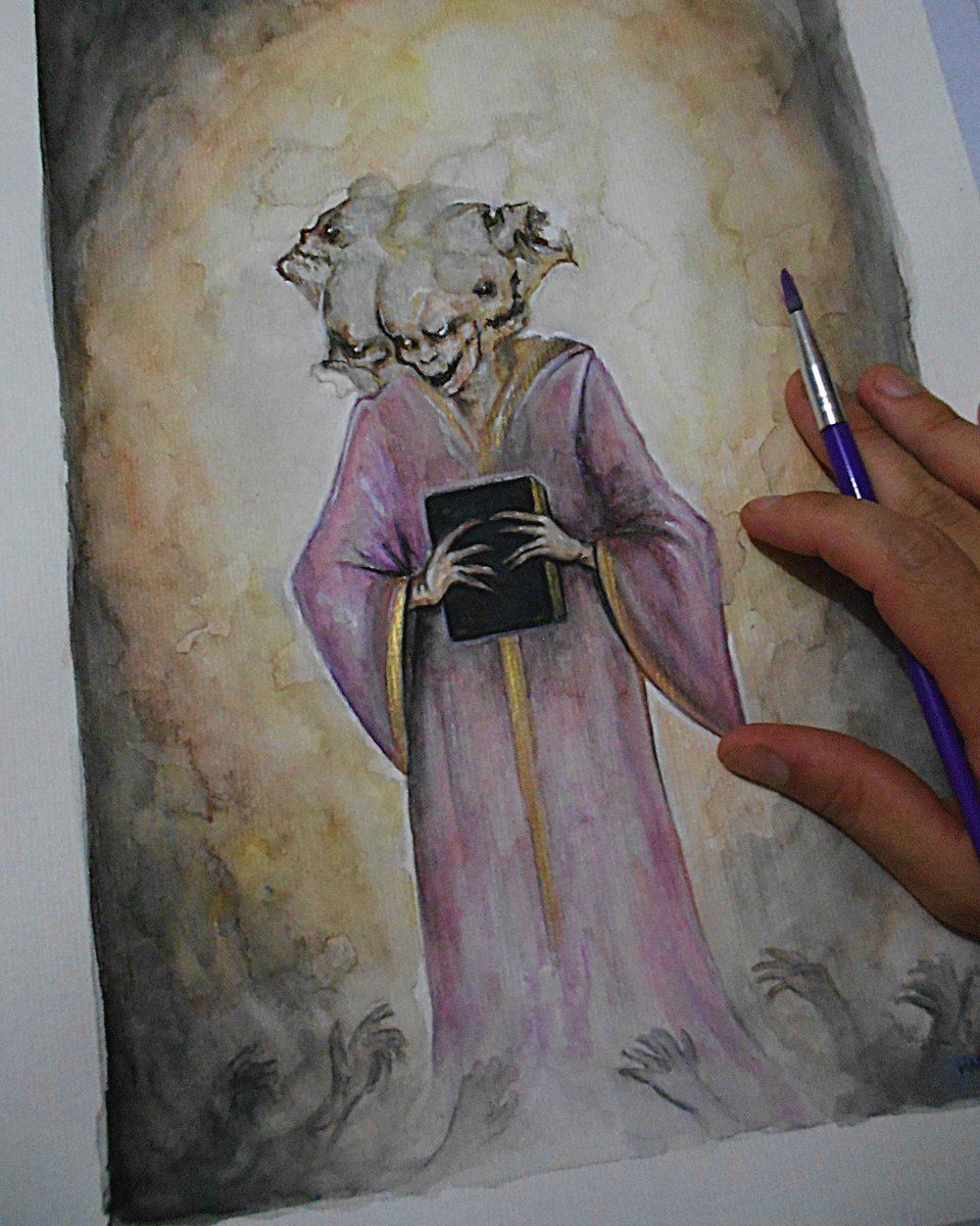 morlockstudio's tweet photo. Dantalion é um Poderoso Duque que aparece como um ser que tem inúmeras faces masculinas e femininas, cada uma com sólidos olhos brancos e falando línguas diferentes. 
#dantalion #goetia #arsgoetia #watercolor #HorrorArt #art https://t.co/HjPDbnDRQt