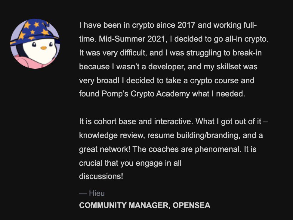 APompliano's tweet image. We have helped nearly 500 people get a new job in the bitcoin and crypto industry in last 12 months.

It doesn’t matter if you are new or have been around for awhile, we can help train you.

Next cohort starts in Feb. APPLY: pompscryptocourse.com
