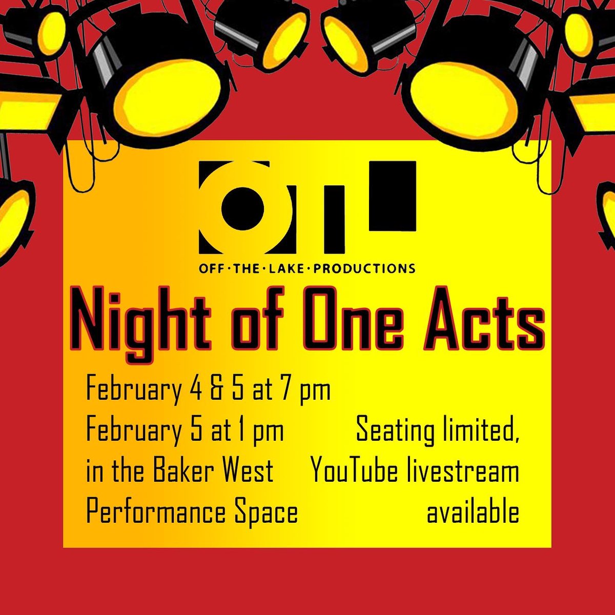 OfftheLakeOSU's tweet photo. Join us February 4th and 5th in person or via YouTube livestream for our Night of One Acts! We’ll be collecting donations via Venmo for our service partner, Kaleidoscope Youth Center. See you there for a night of great theatre to support a great cause! https://t.co/Y0ay4baqhX