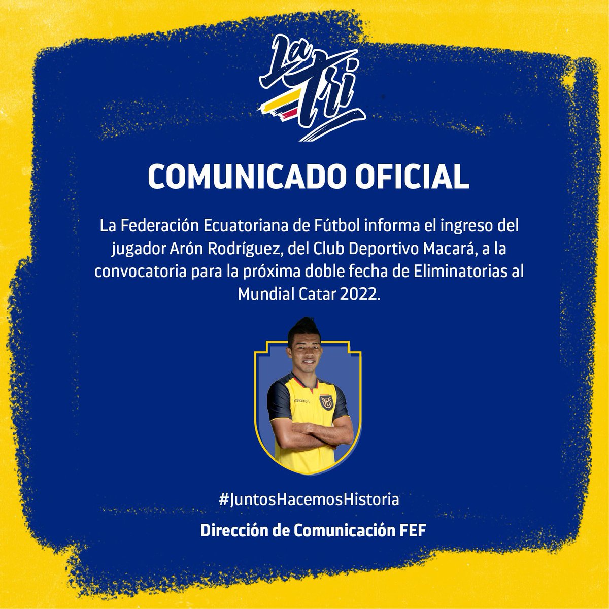 sportbeatec_'s tweet photo. ¡ARÓN SE UNE A LA TRICOLOR! 

El extremo 🇪🇨 Arón Rodríguez del #CDMacara 🌐🔵 se une a #LaTri 🇪🇨 de última hora su llamado para la doble jornada de #Eliminatorias rumbo a #Qatar2022 🏆🇶🇦. 

Arón será su primera experiencia en la Tricolor 🇪🇨. https://t.co/Jqc6EiytnL