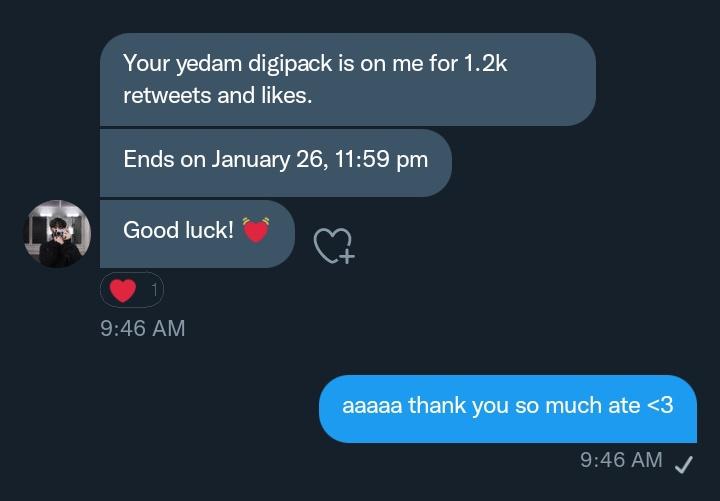 7j_hyk's tweet photo. hello teumes! I got a deal with ate @jikyupouts (1.2k likes &amp; rts for a yedam digipack) please help me again to reach my goal 🥺 A simple like &amp; rt will be highly appreciated 💗 thank you so much !! 🍀✨ https://t.co/KFdGLhwaJR