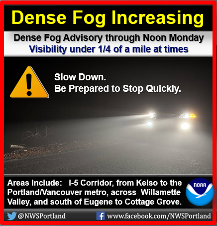 Fog reforming across the interior lowlands this evening. Dense Fog Advisory tonight thru noon Mon for all of I-5 Corridor, from Kelso to Vancouver/Portland, and all of the Willamette Valley. #pdxtxt #wawx #orwx
